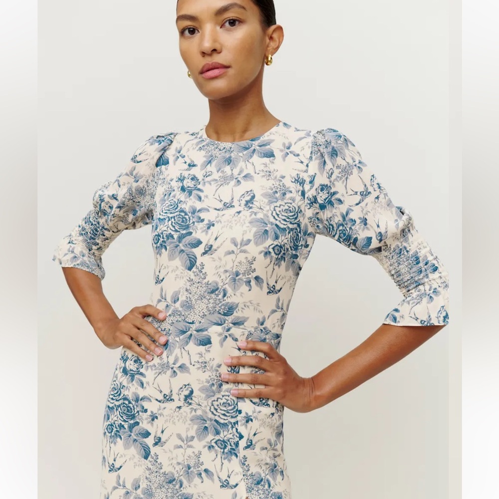 Reformation Carolena Dress in Pompadour, Blue and White Floral Long Sleeve - Picture 4 of 14
